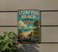 a vintage-style sign for Stump Pass Beach, Florida, with a beach scene and a bird in the background.