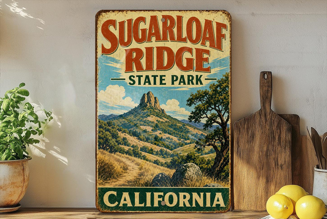 A vintage-style sign for Sugarloaf Ridge State Park in California, featuring a scenic mountain landscape.