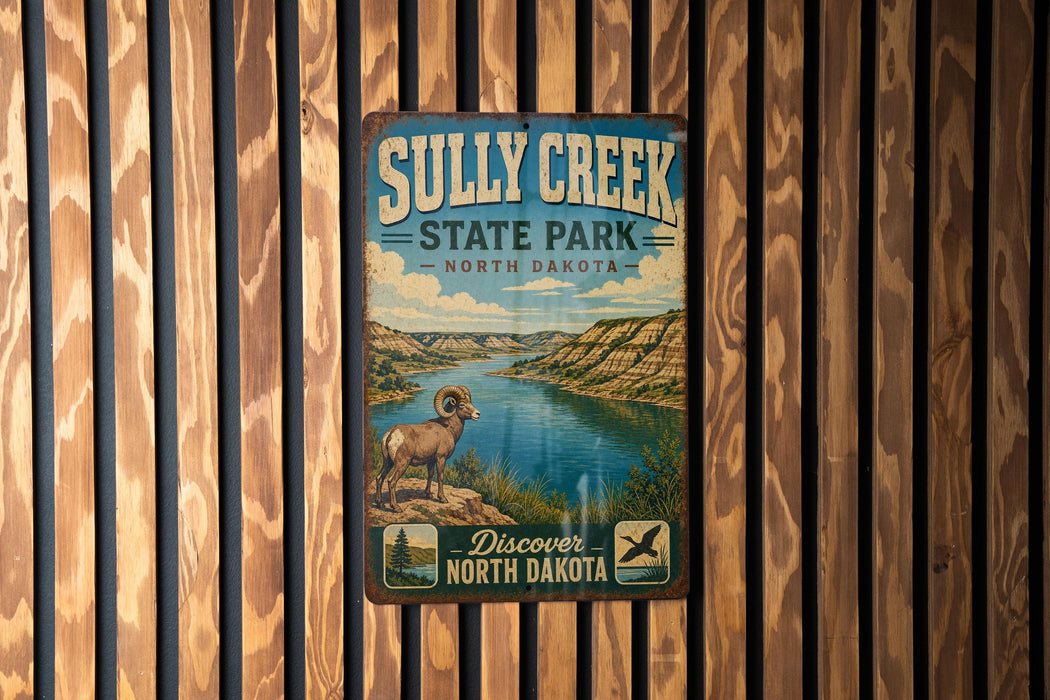 A vintage metal sign for Sully Creek State Park in North Dakota, featuring a scenic illustration of a mountain landscape with a river.
