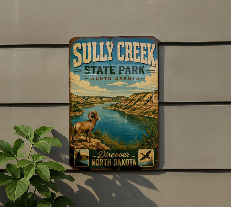 a vintage-style metal sign for Sully Creek State Park in North Dakota, with a scenic illustration of a mountain range, a river, and a ram.