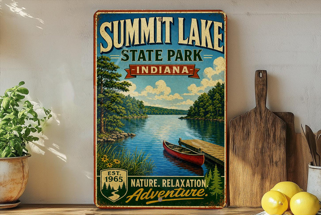 a vintage-style sign for Summit Lake State Park in Indiana, with a scenic illustration of a lake, dock, and surrounding forest.