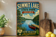 a vintage-style sign for Summit Lake State Park in Indiana, with a scenic illustration of a lake, dock, and surrounding forest.