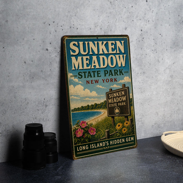 A vintage-style sign for Sunken Meadow State Park in New York, featuring a scenic illustration of the park and its surroundings.