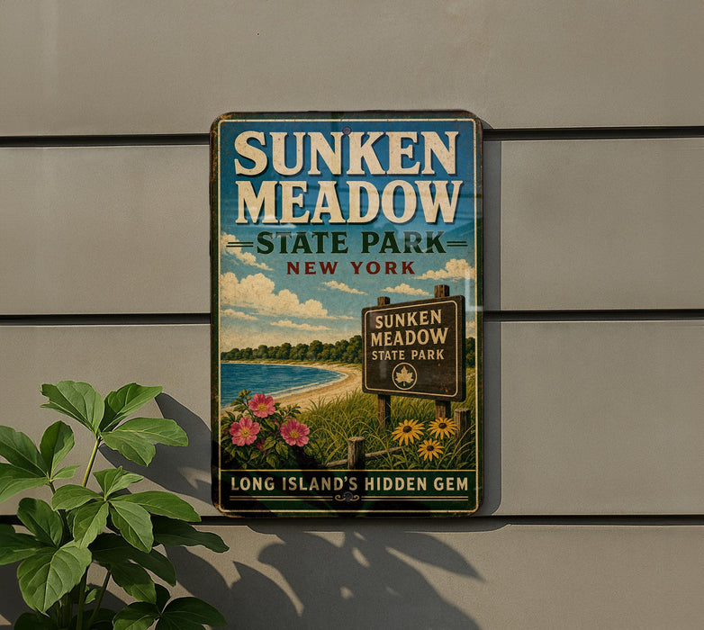 A vintage-style sign for Sunken Meadow State Park in New York, featuring a scenic landscape with a beach, flowers, and a sign indicating the location.
