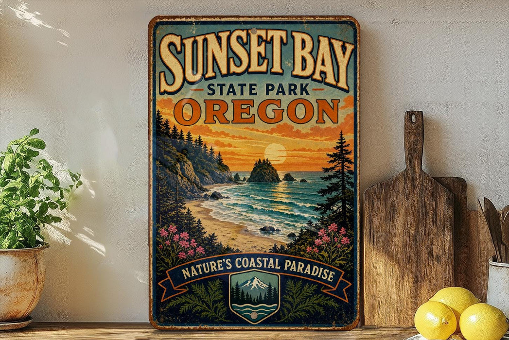 A vintage-style sign for Sunset Bay State Park in Oregon, featuring a scenic coastal landscape with a sunset over the ocean.