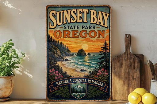 A vintage-style sign for Sunset Bay State Park in Oregon, featuring a scenic coastal landscape with a sunset over the ocean.