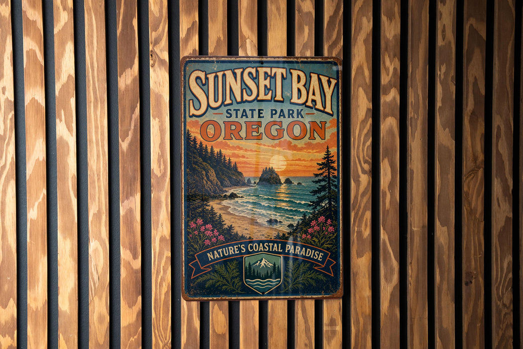 A vintage metal sign for Sunset Bay State Park in Oregon, featuring a scenic landscape with a sunset over the ocean and mountains.