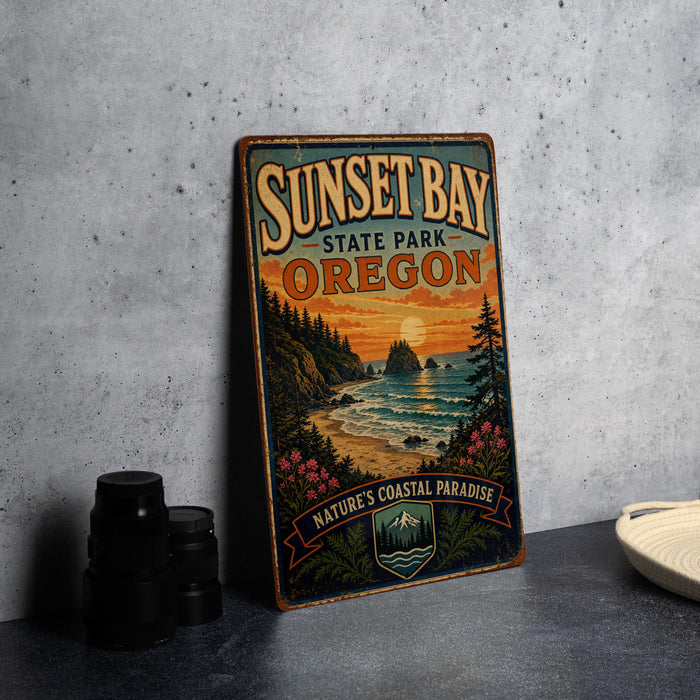 A vintage-style metal sign for Sunset Bay State Park in Oregon, featuring a scenic landscape with a sunset over the ocean and mountains.