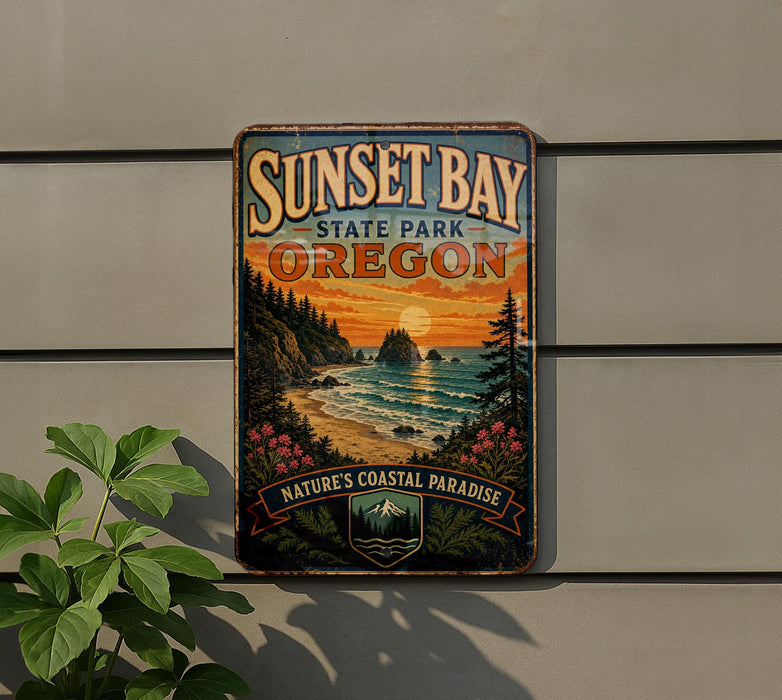 A vintage-style metal sign for Sunset Bay State Park in Oregon, featuring a scenic landscape with a sunset over the ocean and mountains.
