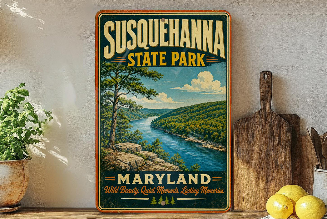 A vintage-style poster of Susquehanna State Park in Maryland, featuring a scenic landscape with a river and mountains.