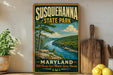 A vintage-style poster of Susquehanna State Park in Maryland, featuring a scenic landscape with a river and mountains.