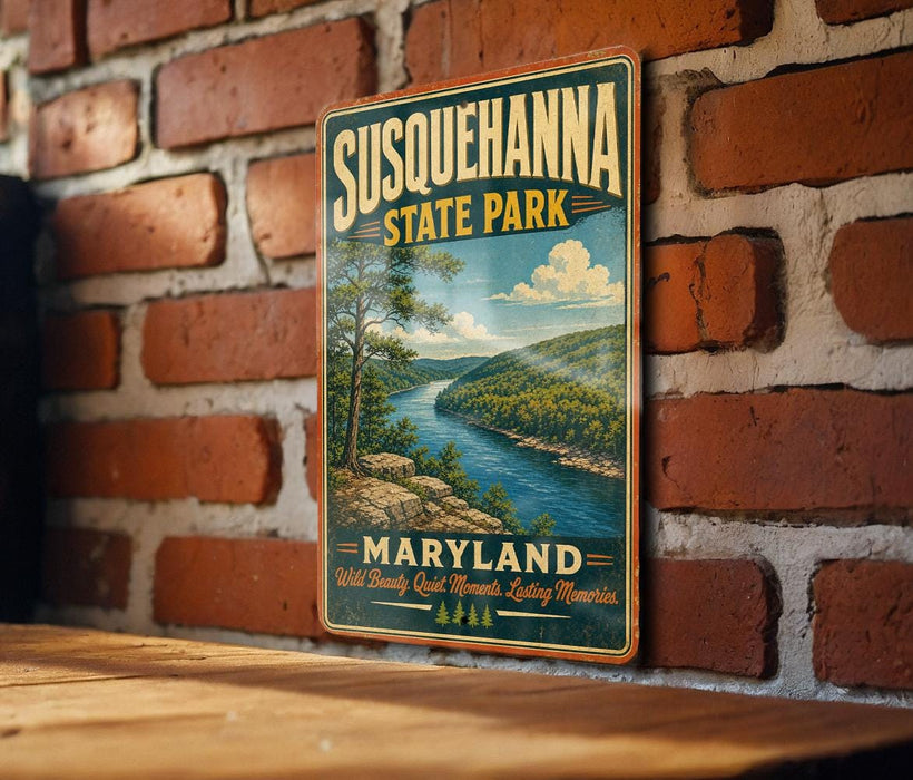 A vintage-style metal sign for Susquehanna State Park in Maryland, featuring a scenic landscape with a river and trees.