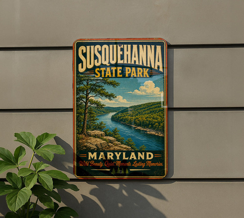 A vintage-style sign for Susquehanna State Park in Maryland, featuring a scenic landscape with a river and mountains.