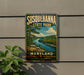 A vintage-style sign for Susquehanna State Park in Maryland, featuring a scenic landscape with a river and mountains.