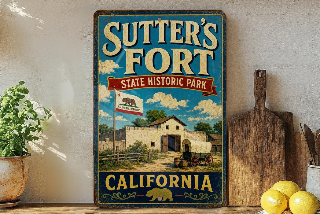 A vintage-style metal sign for Sutter's Fort State Historic Park in California, featuring a depiction of a historic building and a California state flag.