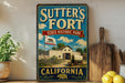 A vintage-style metal sign for Sutter's Fort State Historic Park in California, featuring a depiction of a historic building and a California state flag.