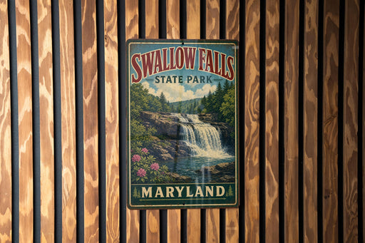 A vintage-style metal sign for Swallow Falls State Park in Maryland, featuring a waterfall and lush greenery.