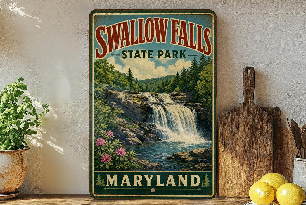 A vintage-style sign for Swallow Falls State Park in Maryland, featuring a scenic image of a waterfall surrounded by lush greenery.