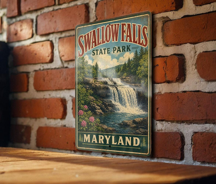 A vintage-style metal sign for Swallow Falls State Park in Maryland, featuring a scenic waterfall and lush greenery.