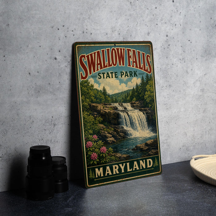 A vintage metal sign for Swallow Falls State Park in Maryland, featuring a scenic waterfall surrounded by lush greenery.