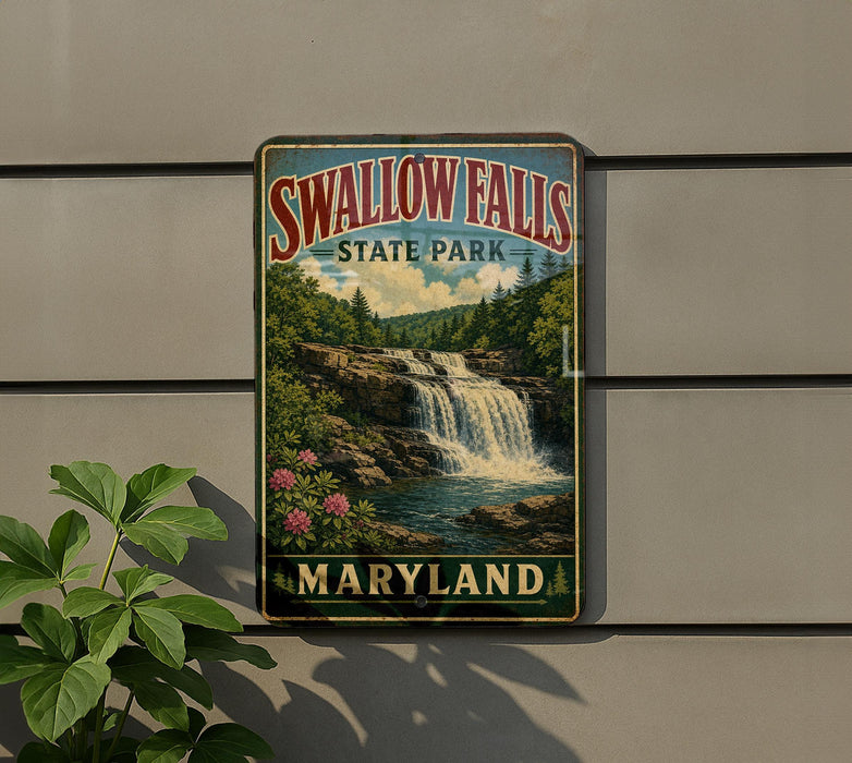 A vintage-style metal sign for Swallow Falls State Park in Maryland, featuring a waterfall and lush greenery.