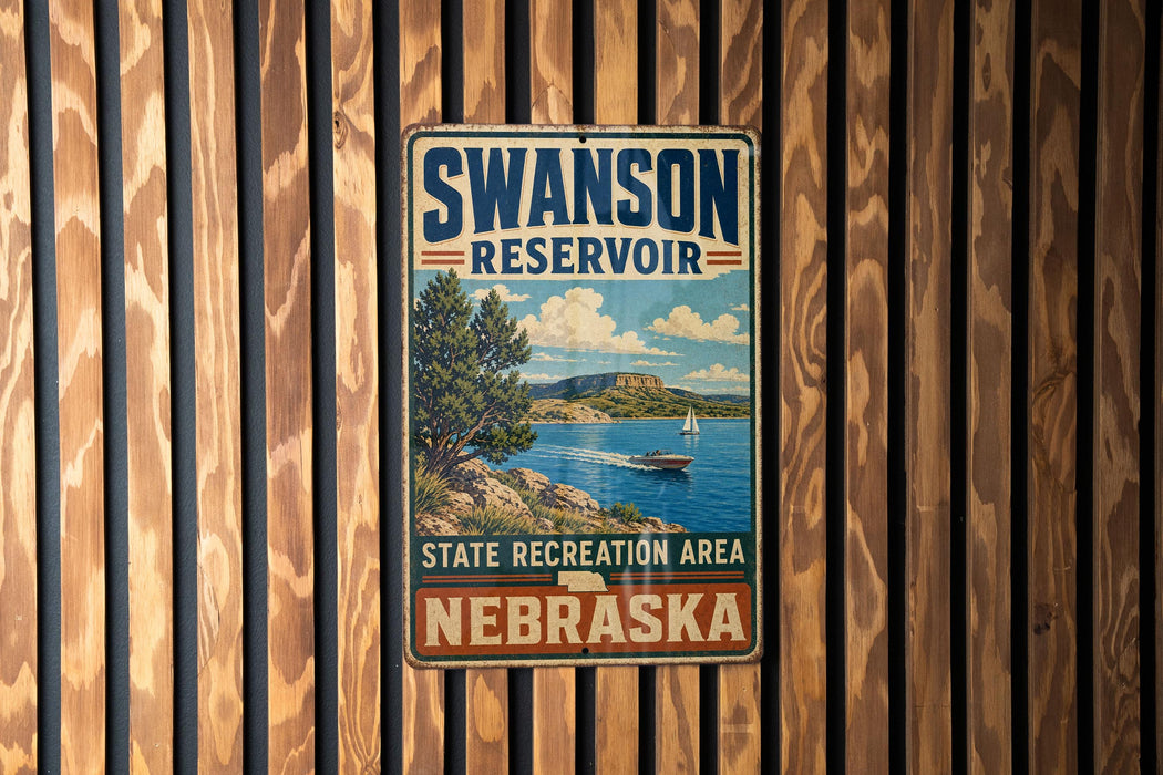 A vintage metal sign for the Swanson Reservoir State Recreation Area in Nebraska, featuring a scenic image of a lake and mountains.