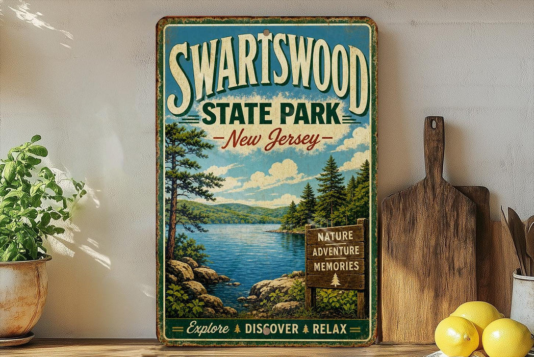 A vintage-style metal sign for Swartswood State Park in New Jersey, featuring a scenic landscape with a lake and pine trees.