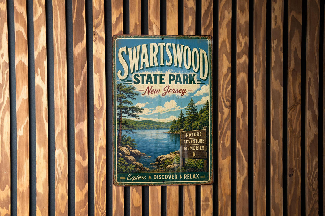A vintage metal sign for Swartswood State Park in New Jersey, featuring a scenic landscape with a lake and pine trees.