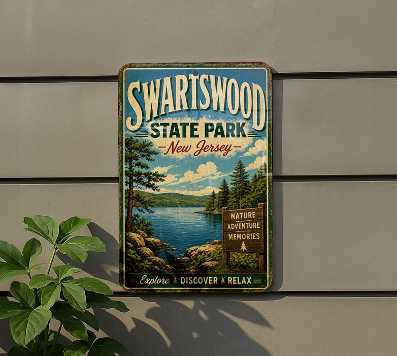 A vintage-style metal sign for Swartswood State Park in New Jersey, featuring a scenic landscape with a lake and trees.