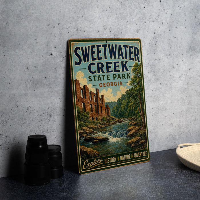 A vintage-style metal sign for Sweetwater Creek State Park in Georgia, featuring a scenic illustration of the creek and surrounding landscape.