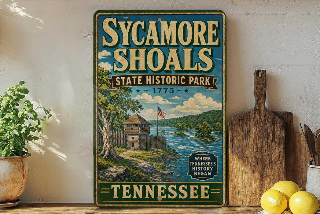 A vintage-style sign for Sycamore Shoals State Historic Park in Tennessee, featuring a scenic illustration of a river and a wooden fort.