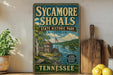 A vintage-style sign for Sycamore Shoals State Historic Park in Tennessee, featuring a scenic illustration of a river and a wooden fort.