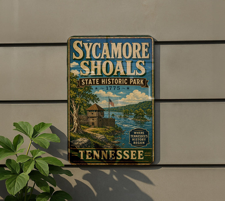 A vintage-style sign for Sycamore Shoals State Historic Park in Tennessee, featuring a scenic illustration of the park and its surroundings.