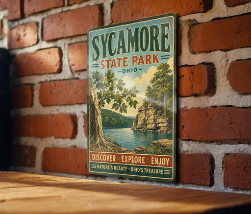 A vintage-style metal sign for Sycamore State Park in Ohio, featuring a scenic landscape with a lake and trees, mounted on a brick wall.