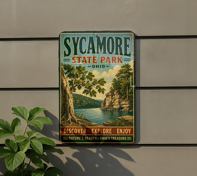 A vintage-style sign for Sycamore State Park in Ohio, featuring a scenic landscape with a lake, trees, and mountains.