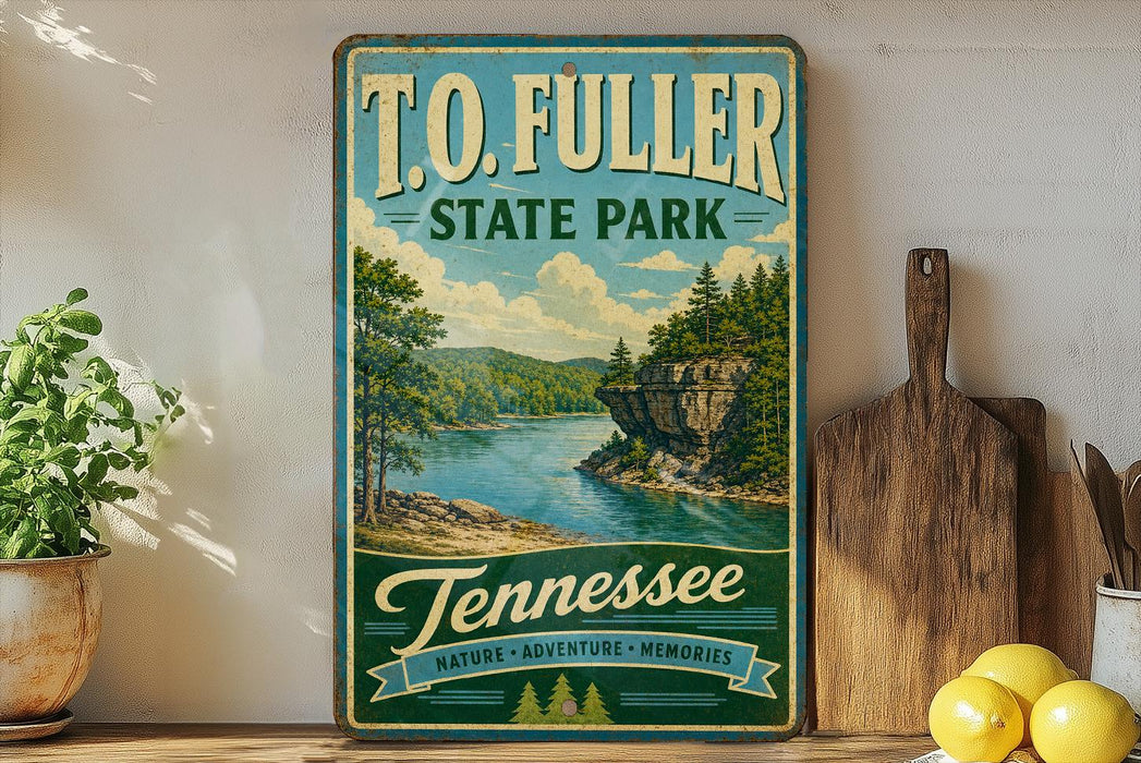 A vintage-style sign for T.O. Fuller State Park in Tennessee, featuring a scenic landscape with a river and mountains.
