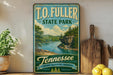 A vintage-style sign for T.O. Fuller State Park in Tennessee, featuring a scenic landscape with a river and mountains.