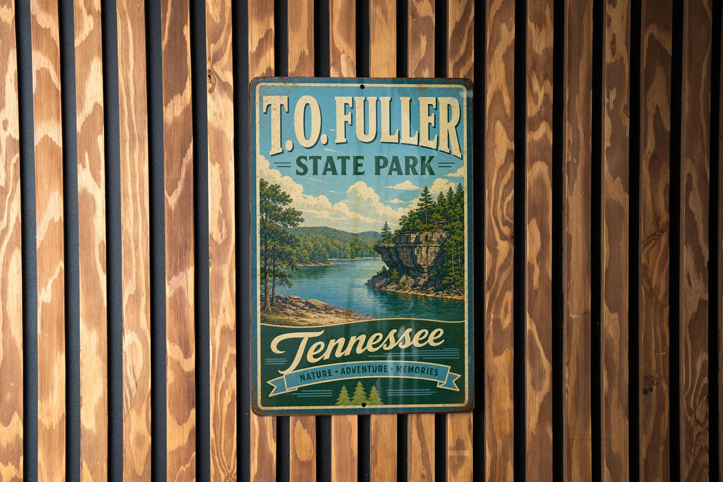 A vintage metal sign for Tennessee State Park, featuring a scenic landscape with a river and mountains.