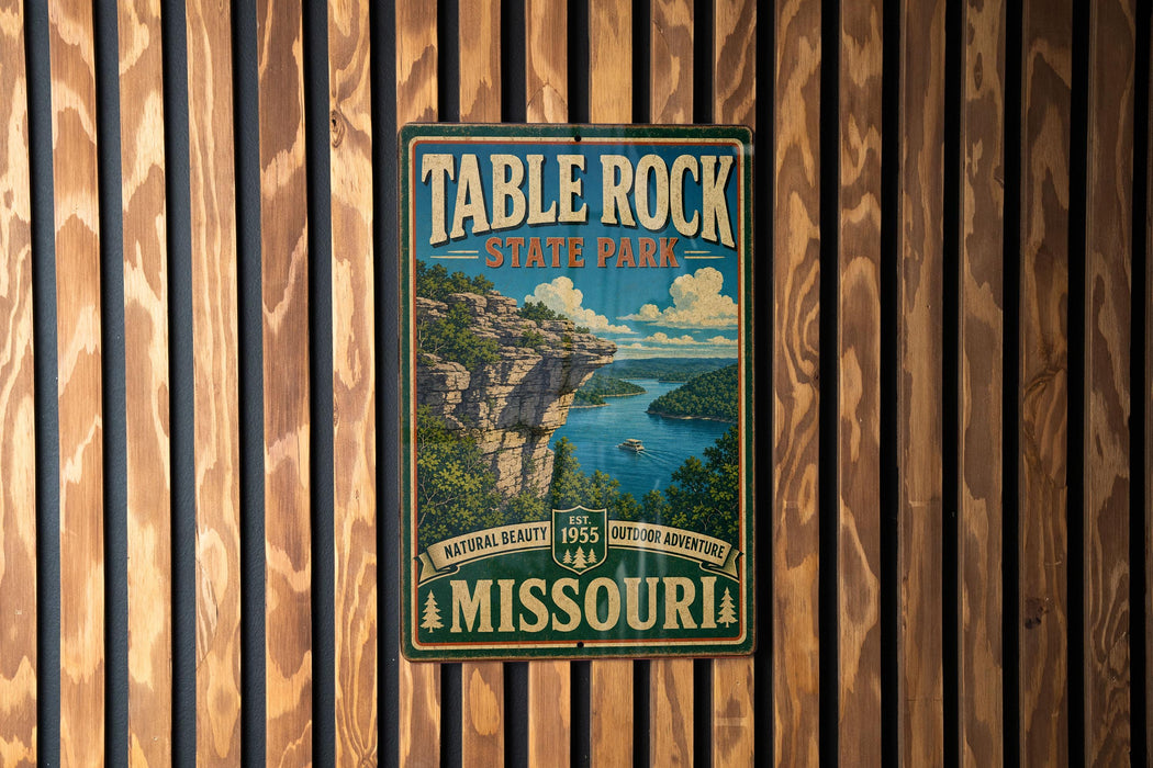 A vintage-style metal sign for Table Rock State Park in Missouri, featuring a scenic landscape with a cliff overlooking a lake.