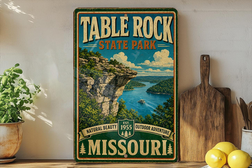 A vintage-style sign for Table Rock State Park in Missouri, featuring a scenic landscape with a lake and cliffs.