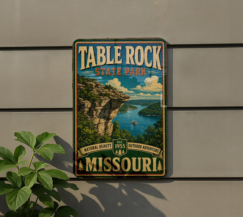 A vintage-style sign for Table Rock State Park in Missouri, featuring a scenic image of the park's natural beauty and outdoor adventure opportunities.