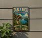 A vintage-style sign for Table Rock State Park in Missouri, featuring a scenic image of the park's natural beauty and outdoor adventure opportunities.