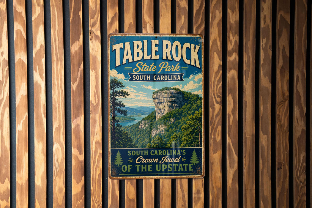 A vintage-style metal sign for Table Rock State Park in South Carolina, featuring a scenic image of the park's landscape.