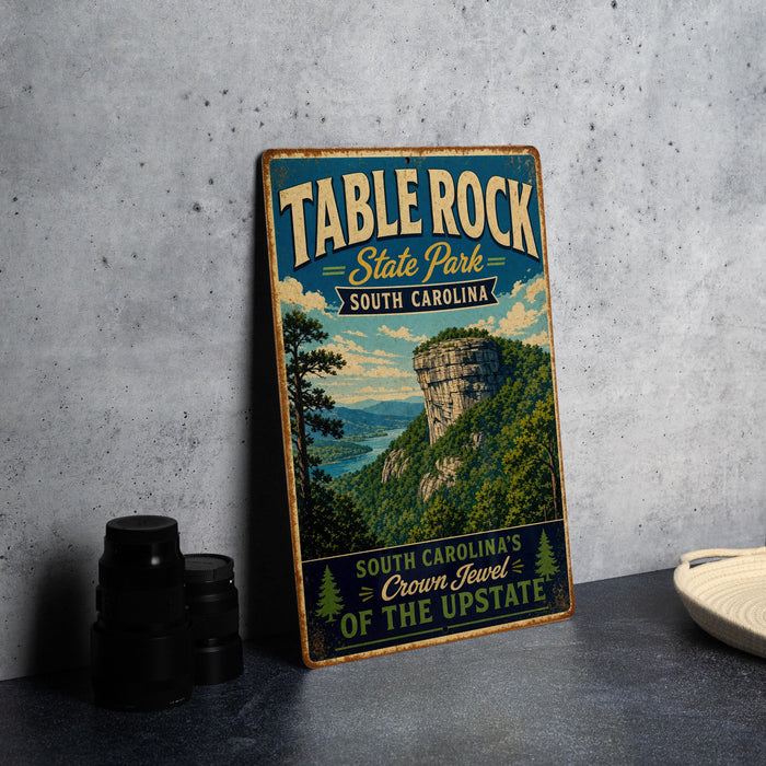A vintage-style sign for Table Rock State Park in South Carolina, featuring a scenic illustration of the park's natural landscape.
