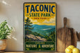A vintage-style sign for Taconic State Park in New York, featuring a scenic mountain landscape and the words "Taconic State Park" prominently displayed.