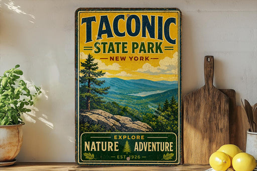 A vintage-style sign for Taconic State Park in New York, featuring a scenic mountain landscape and the words "Taconic State Park" prominently displayed.