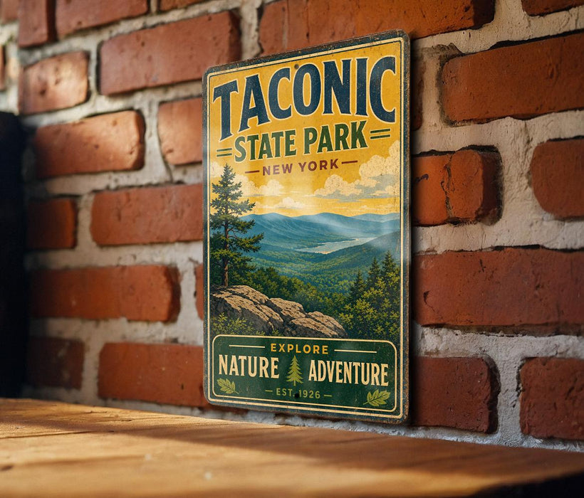 A vintage-style metal sign for Taconic State Park in New York, featuring a scenic mountain landscape and the words "Taconic State Park" prominently displayed.
