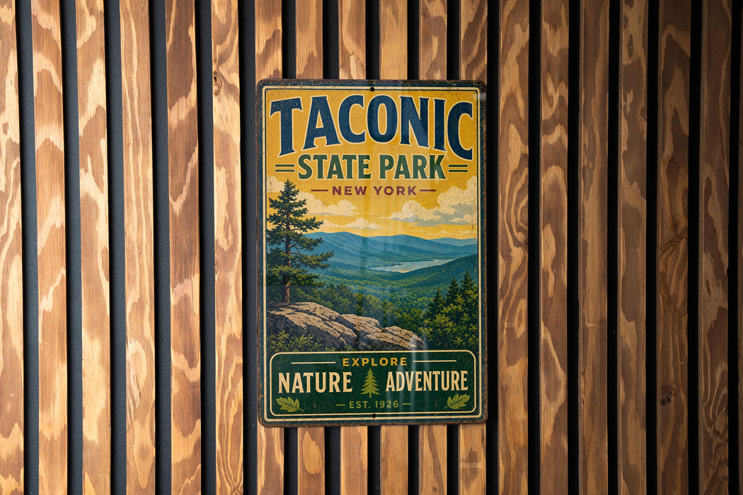 A vintage metal sign for Taconic State Park in New York, featuring a scenic mountain landscape and the words "Taconic State Park" prominently displayed.