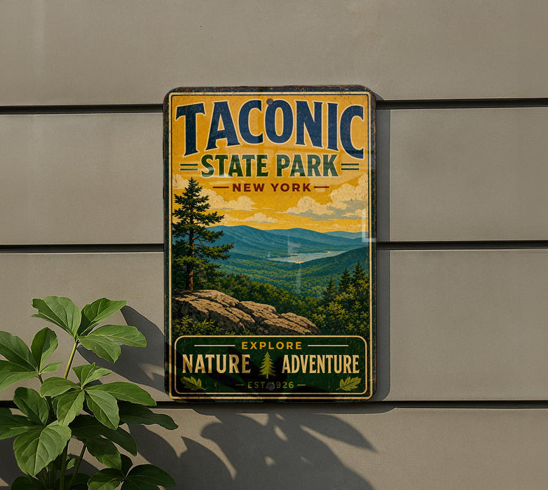 A vintage-style metal sign for Taconic State Park in New York, featuring a scenic mountain landscape and the words "Taconic State Park" prominently displayed.