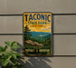 A vintage-style metal sign for Taconic State Park in New York, featuring a scenic mountain landscape and the words "Taconic State Park" prominently displayed.